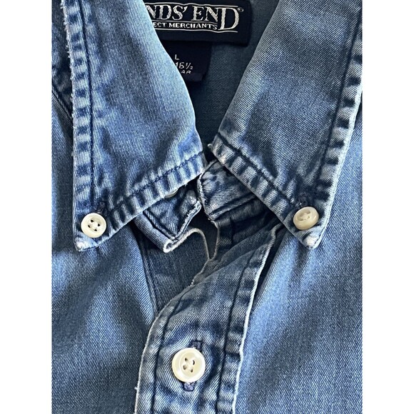 Vtg LANDS END Denim Jean Light Blue Chambray Casual Button Down Shirt 16.5 Large - Picture 3 of 12